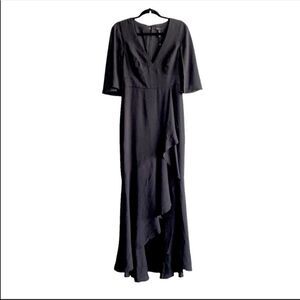 BCBGMAXAZRIA Cape Sleeve V-Neck Asymmetrical Ruffle Maxi Dress Gown Black 2